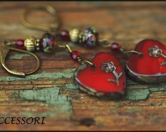 Earrings Bohemian glass beads hearts metal beads vintage style romantic bronze red