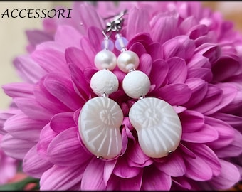 Earrings: Amonite white, Bohemian glass beads, white coral, moonstone, freshwater pearls, stainless steel drop earrings, ear jewelry