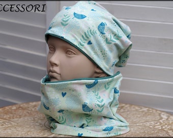 Children's hat beanie loop light mint green petrol with birds floral cotton baby hat