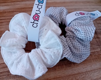 Scrunchie Haargummi Baumwolle Musselin Double Gauze Stickerei gepunktet Punkte schwarz weiß Zopfgummi Haarschmuck