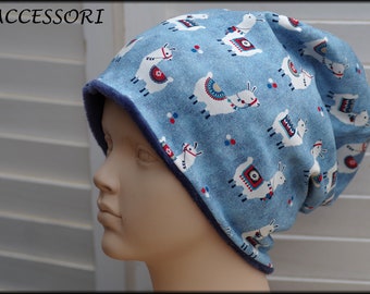 Children's Beanie Loop Lama blue white cotton baby hat warm cozy with alpine fleece lining winter hat