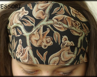 Silk headband with koalas, black and brown, hair accessory, bandana