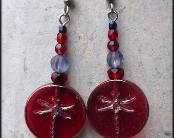 Earrings with Bohemian glass beads, dragonflies and garnet, red stainless steel