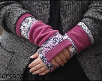 Cuffs arm cuffs hand cuffs reversible cuffs on both sides old pink floral gerbera polar fleece patchwork hand warmers soft warm cuddly