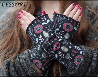 Cuffs Arm cuffs on both sides or with thumb hole black red floral fleece hand warmers soft warm cuddly
