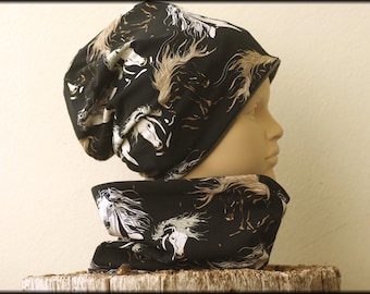 Children's Beanie Loop Horses Black Brown Cotton Baby Hat Warm Cuddly Fleece Winter Hat