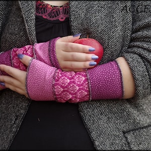 Arm warmers, hand warmers, hand warmers, wrist warmers, summer warmers, reversible warmers, pink purple dotted patchwork image 1