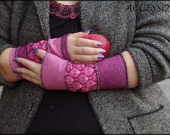 Armstulpen Handstulpen Handwärmer Pulswärmer Sommerstulpen Wendestulpen rosa lila gepunktet Patchwork