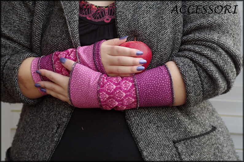 Arm warmers, hand warmers, hand warmers, wrist warmers, summer warmers, reversible warmers, pink purple dotted patchwork image 1