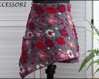 Wrap skirt wool skirt short skirt kidney warmer floral gray pink red with roses mini skirt wool warm