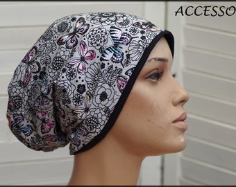 Beanie hat double hat reversible hat black gray floral with butterflies cotton jersey