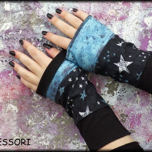 Stulpen Armstulpen Handstulpen Wendestulpen Sommerstulpen schwarz blau mit Sternen Patchwork Baumwolle Pulswärmer Handwärmer