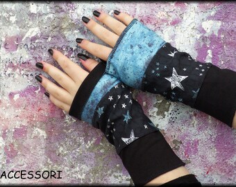 Tulips arm tulips hand tulips turning tulips summer tulips blue blue with stars patchwork cotton pulse warmer hand warmer