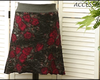 Wool skirt women's skirt short skirt A-cut floral dark gray fuchsia roses flowers wool warm