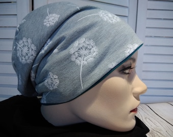 Beanie beanie double hat reversible hat light grey green with puffflowers cotton jersey