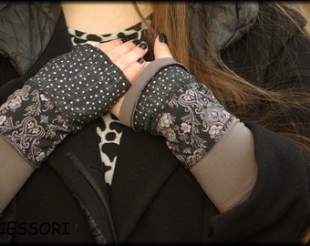 Cuffs Arm warmerhand tulips Summer warmers grey brown dotted floral patchwork cotton pulse warmer hand warmer