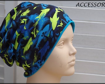 Children's hat beanie loop with shark fish blue yellow cotton baby hat warm cuddly fleece winter hat