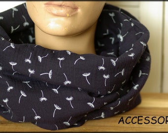 Loop scarf dark blue white with dandelions very soft cuddly light cotton muslin necklace hair band