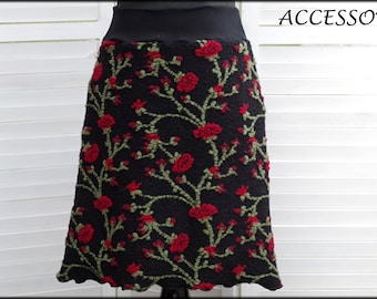 Wool skirt women's skirt short skirt A-cut floral black red green flowers wool warm