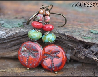 Earrings with Bohemian glass beads with dragonflies orange red green