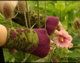 Arm warmers wool, felt warm green purple floral winter