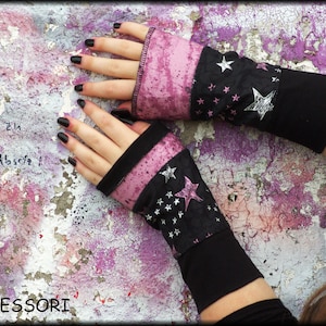 Stulpen Armstulpen Handstulpen Wendestulpen Sommerstulpen schwarz rosa pink weiss  mit Sternen Patchwork Baumwolle Pulswärmer Handwärmer