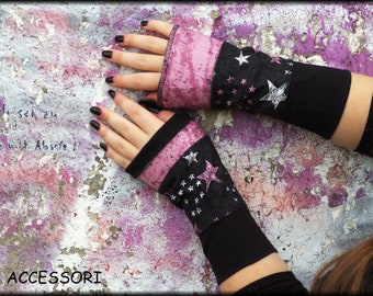 Cuffs, arm warmers, hand warmers, reversible cuffs, summer cuffs, black, pink, white with stars, patchwork cotton wrist warmers, hand warmers