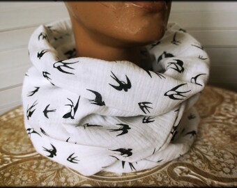 Loop scarf wrap scarf muslin white black swallows very soft cuddly cotton necklace hairband