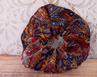 Scrunchie hair tie cotton brown yellow paisley ponytail holder hair accessory