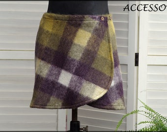 Wrap skirt wool skirt short skirt green white purple checked wool kidney warmer mini skirt warm