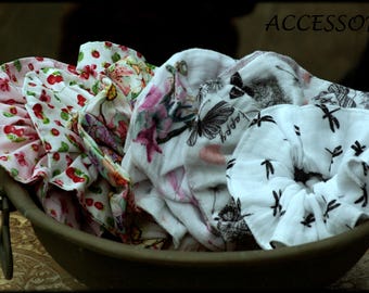 Scrunchie hair tie 4+1 FREE, white floral hair tie, hair accessories, muslin cotton, polka dots, dragonflies, anchors, cherries
