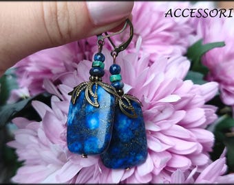 Lapis lazuli and African turquoise antique brass earrings, dark blue