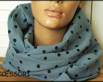 Loop scarf wrap scarf muslin blue black dotted soft cuddly cotton necklace hairband