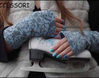 Arm warmers merino wool tendril pattern cuffs with thumb hole or without warm cozy floral light blue