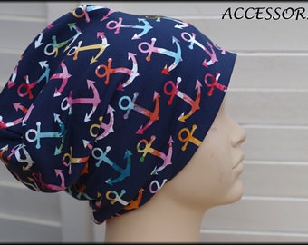 Children's hat beanie loop with anchors dark blue colorful cotton baby hat warm cuddly fleece winter hat