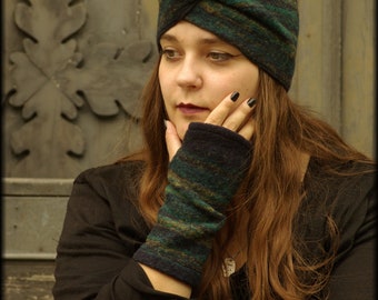 Headband wool green blue striped knot headband warm cuddly