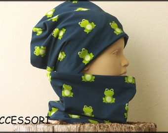 Children's hat beanie loop frog green blue cotton baby hat warm cozy fleece winter hat