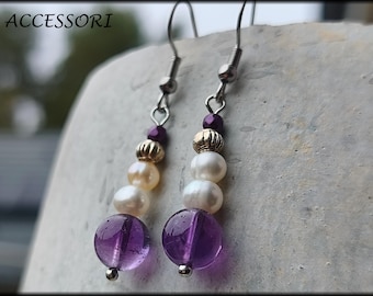 Amethyst earrings with freshwater pearls in stainless steel, white and purple