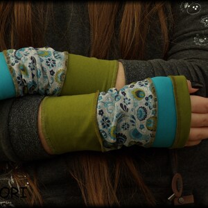 Armstulpen Stulpen Wendestulpen Handstulpen Pulswärmer Baumwolle grün blau Patchwork Vögel grau