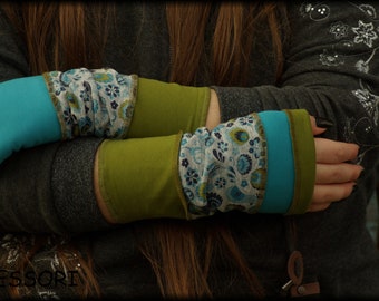 Arm cuffs cuffs reversible cuffs hand cuffs wrist warmers cotton green blue patchwork birds grey