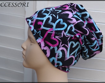Children's hat beanie loop with hearts black blue pink cotton baby hat warm cuddly fleece winter hat