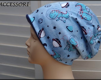 Children's Beanie Loop Dinos UFO blue white cotton baby hat warm cozy with alpine fleece lining winter hat