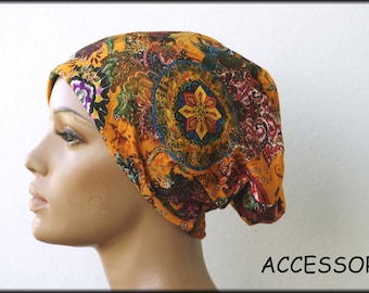 Cap Beanie double cap reversible cap black orange paisley floral viscose jersey cotton jersey