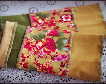 Hand cuffs arm cuffs reversible cuffs summer cuffs green mustard yellow floral patchwork cotton