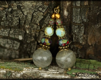 Labradorite, Bohemian glass beads, earrings, earrings, earrings, grey, red, bronze, iridescent