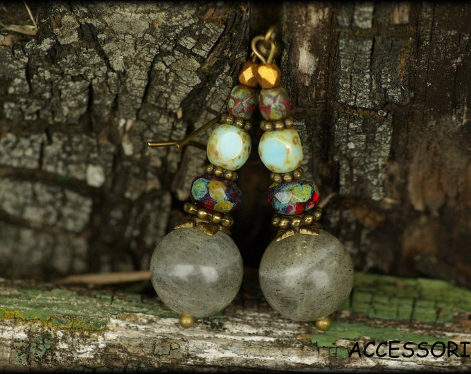 Labradorite, bohemian glass beads, earrings, earrings, earrings, ear jewelry, grey, red, bronze, iridescent
