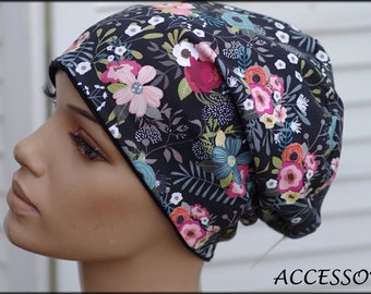 Hat Beanie Double Hat Reversible Hat Black Petrol Floral Cotton Jersey