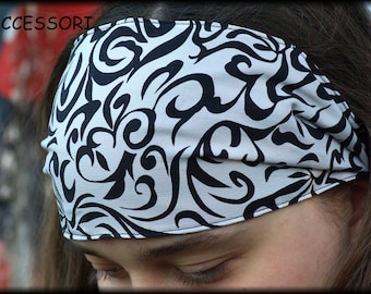 Hairband, bandana, with elastic band, black, white, silk, cotton, tattoo