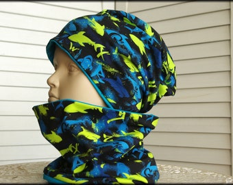 Children's Hat Beanie Loop with Shark Fish Blue Cotton Baby Hat Warm Cuddly Fleece Winter Hat