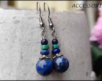 Lapis lazuli and African turquoise stainless steel earrings, dark blue